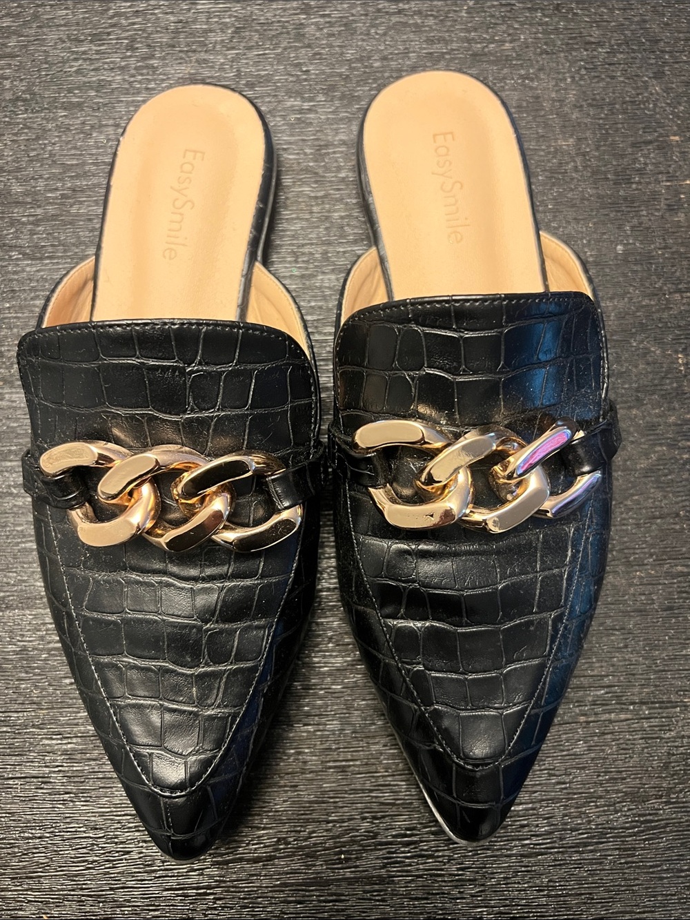 Black Croc-Embossed Pointed Mules with Gold Chain